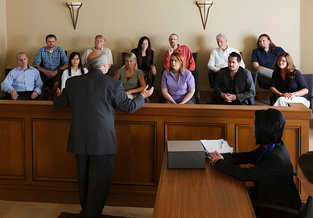 Lawyer addressing jury to give a verdict